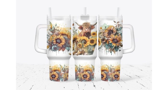 Cow With Sunflowers Custom Stanley Quencher 40Oz Stainless Steel Tumbler With Handle