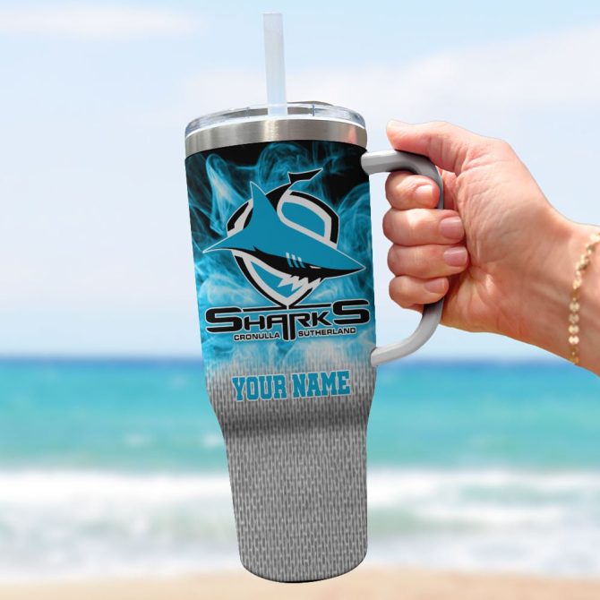 Cronulla-Sutherland Sharks Nrl Flame Effect Custom Stanley Quencher 40Oz Stainless Steel Tumbler With Handle - Image 2