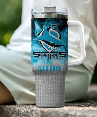 Cronulla-Sutherland Sharks Nrl Flame Effect Custom Stanley Quencher 40Oz Stainless Steel Tumbler With Handle