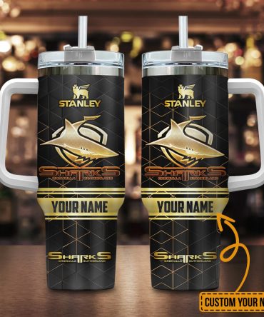 Cronulla-Sutherland Sharks Nrl Golden Logo Custom Stanley Quencher 40Oz Stainless Steel Tumbler With Handle