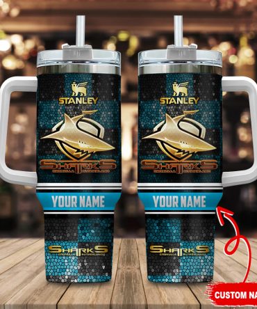 Cronulla-Sutherland Sharks Nrl Golden Logo Stained Glass Effect Custom Stanley Quencher 40Oz Stainless Steel Tumbler With Handle