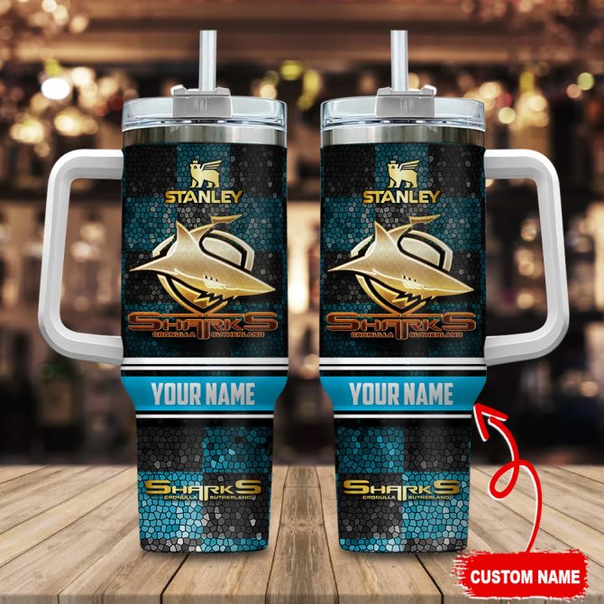 Cronulla-Sutherland Sharks Nrl Golden Logo Stained Glass Effect Custom Stanley Quencher 40Oz Stainless Steel Tumbler With Handle