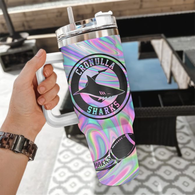 Cronulla-Sutherland Sharks Nrl Hologram Effect Custom Stanley Quencher 40Oz Stainless Steel Tumbler With Handle - Image 3