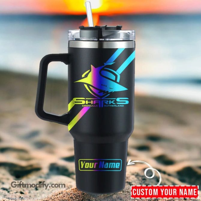 Cronulla-Sutherland Sharks Nrl Hologram Logo Custom Stanley Quencher 40Oz Stainless Steel Tumbler With Handle