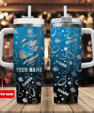 Cronulla-Sutherland Sharks Nrl Silver Logo Custom Stanley Quencher 40Oz Stainless Steel Tumbler With Handle
