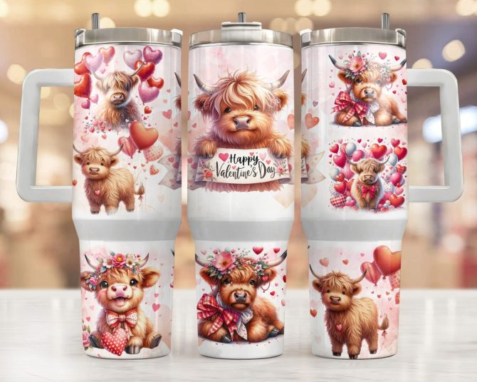 Cute Baby Cow Valentine Gifts Custom Stanley Quencher 40Oz Stainless Steel Tumbler With Handle