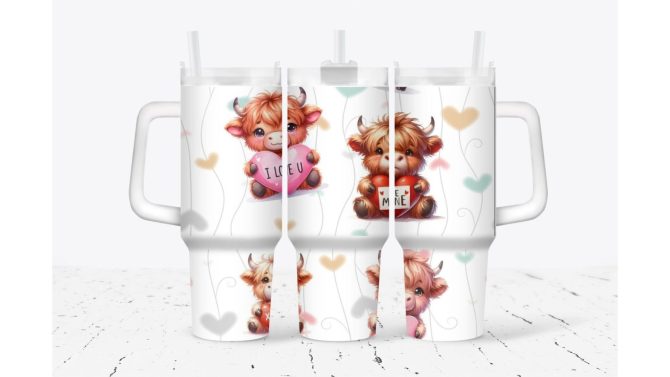 Cute Baby Cow Valentines Gift Custom Stanley Quencher 40Oz Stainless Steel Tumbler With Handle