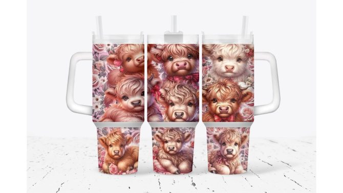 Cute Baby Cow Valentines Gift Custom Stanley Quencher 40Oz Stainless Steel Tumbler With Handle