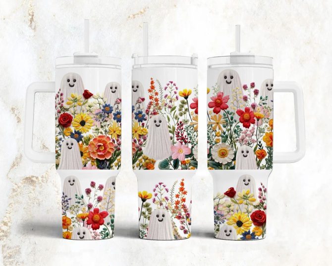 Cute Ghost And Flowers Custom Stanley Quencher 40Oz Stainless Steel Tumbler With Handle