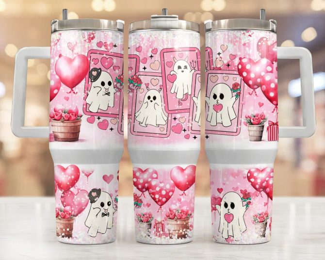 Cute Ghost Valentine Gifts Custom Stanley Quencher 40Oz Stainless Steel Tumbler With Handle