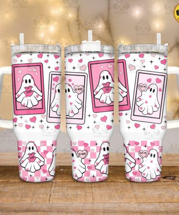 Cute Ghost Valentines Gift Custom Stanley Quencher 40Oz Stainless Steel Tumbler With Handle