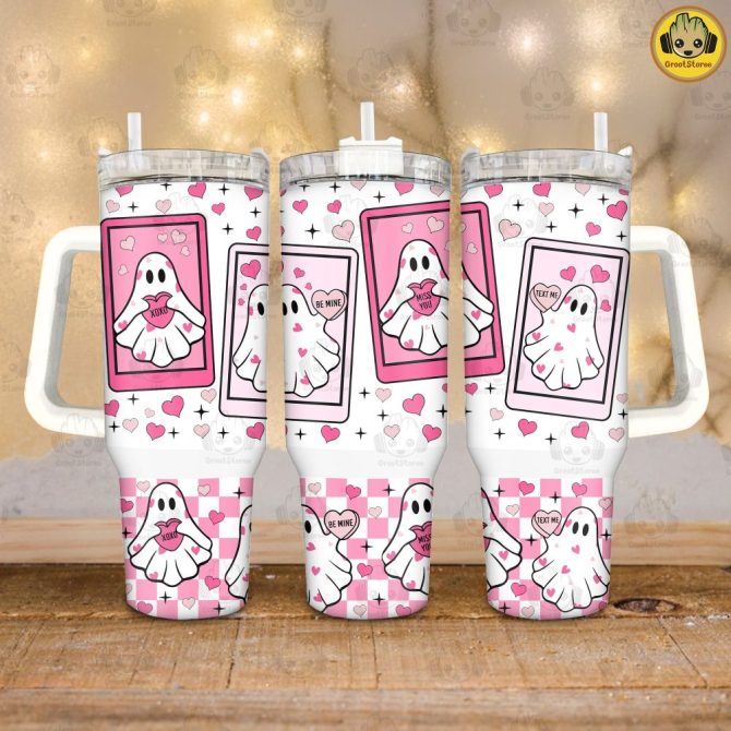 Cute Ghost Valentines Gift Custom Stanley Quencher 40Oz Stainless Steel Tumbler With Handle