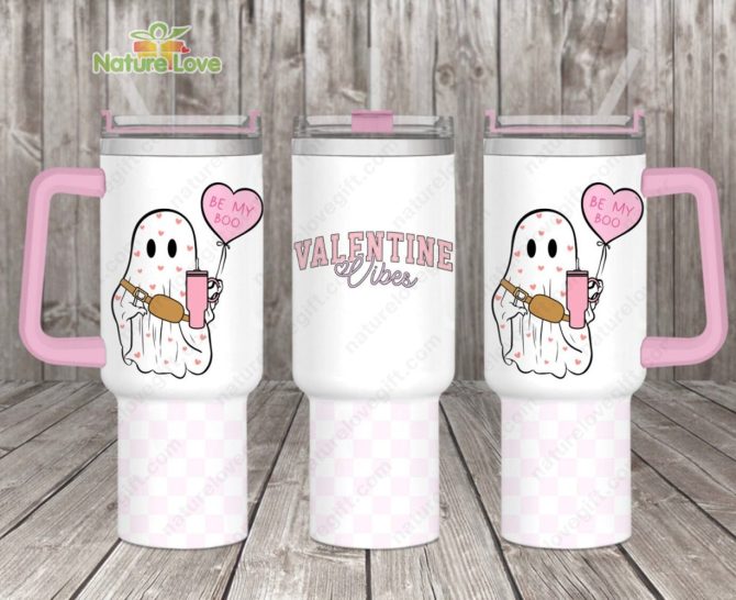 Cute Ghost Valentines Gift Custom Stanley Quencher 40Oz Stainless Steel Tumbler With Handle