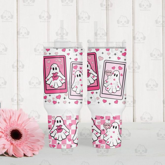 Cute Ghost Valentines Gift Custom Stanley Quencher 40Oz Stainless Steel Tumbler With Handle - Image 3
