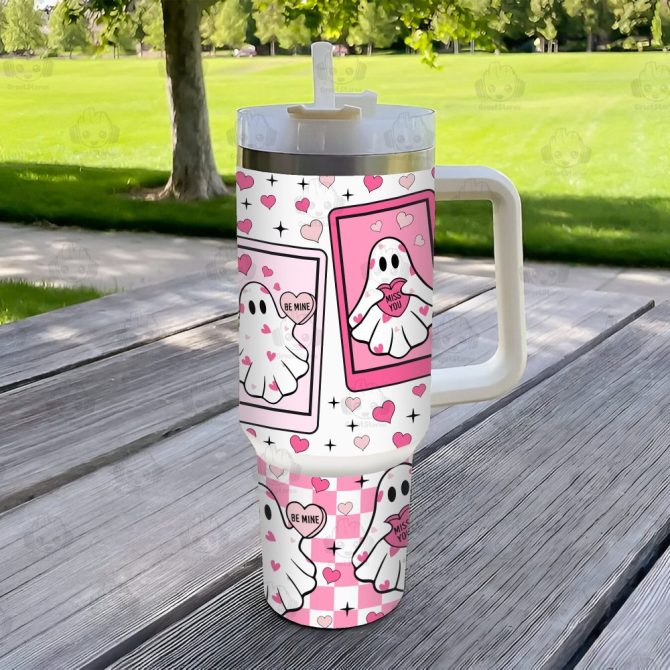 Cute Ghost Valentines Gift Custom Stanley Quencher 40Oz Stainless Steel Tumbler With Handle - Image 4