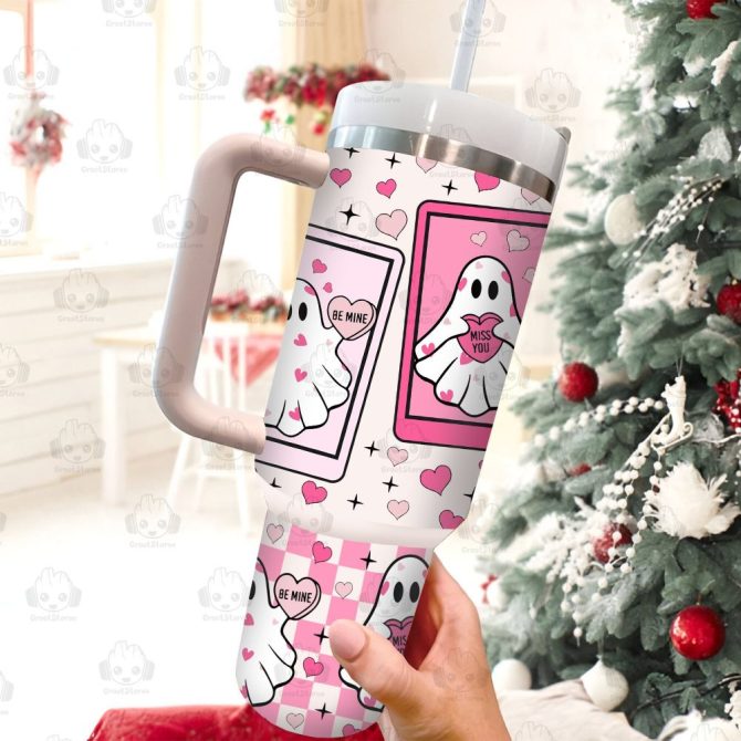 Cute Ghost Valentines Gift Custom Stanley Quencher 40Oz Stainless Steel Tumbler With Handle - Image 2