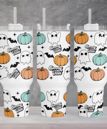 Cute Halloween Spooky Vibes Custom Stanley Quencher 40Oz Stainless Steel Tumbler With Handle