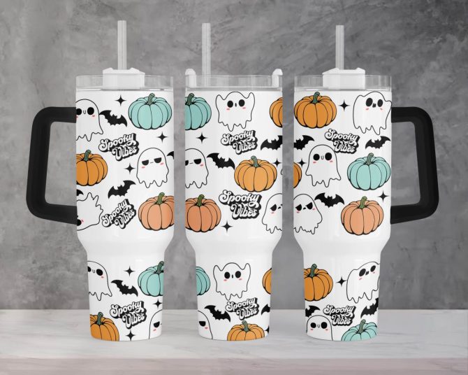 Cute Halloween Spooky Vibes Custom Stanley Quencher 40Oz Stainless Steel Tumbler With Handle