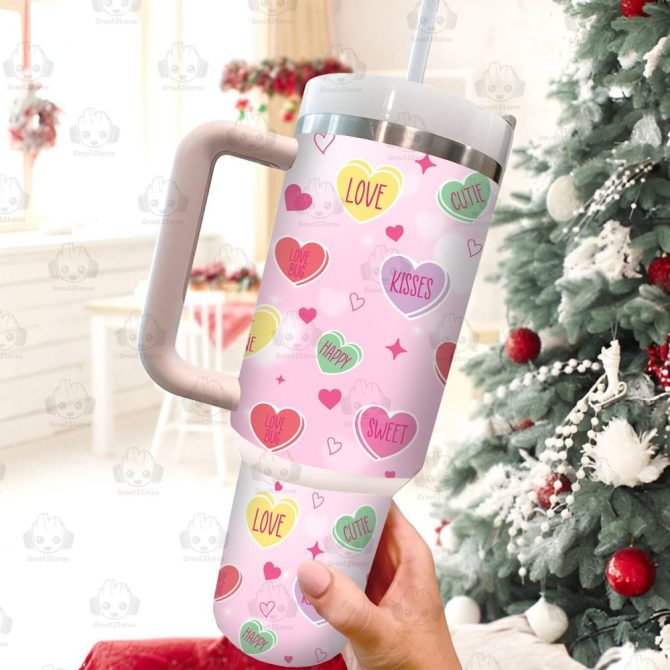 Cute Heart Valentines Gift Custom Stanley Quencher 40Oz Stainless Steel Tumbler With Handle - Image 2