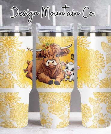 Cute Highland Cow With Flowers Custom Stanley Quencher 40Oz Stainless Steel Tumbler With Handle