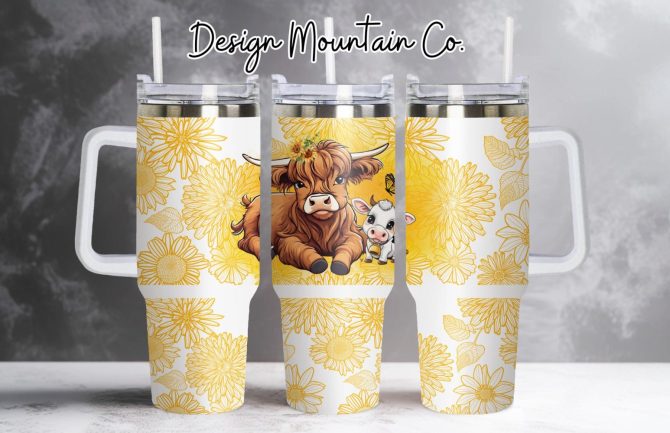 Cute Highland Cow With Flowers Custom Stanley Quencher 40Oz Stainless Steel Tumbler With Handle