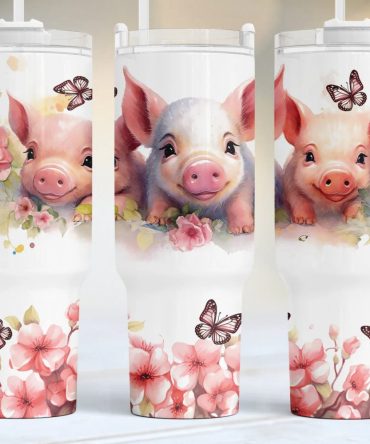 Cute Piglets Pink Floral Custom Stanley Quencher 40Oz Stainless Steel Tumbler With Handle
