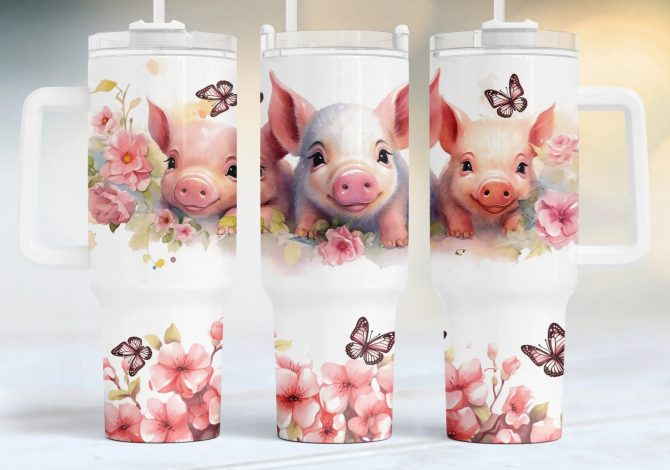 Cute Piglets Pink Floral Custom Stanley Quencher 40Oz Stainless Steel Tumbler With Handle