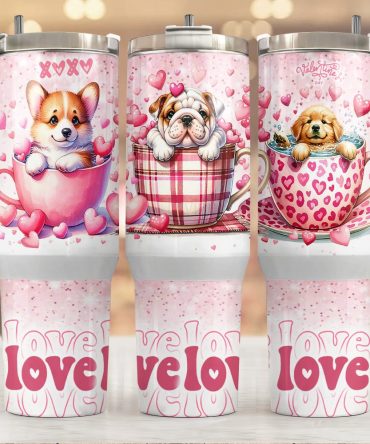 Cute Puppies Valentine Gifts Custom Stanley Quencher 40Oz Stainless Steel Tumbler With Handle