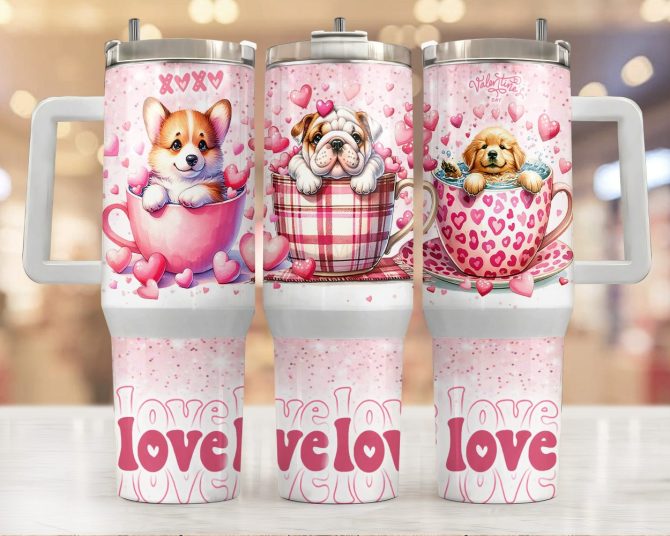 Cute Puppies Valentine Gifts Custom Stanley Quencher 40Oz Stainless Steel Tumbler With Handle