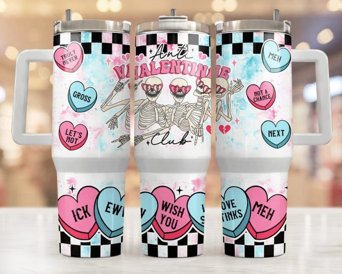 Cute Skull Valentine Gifts Custom Stanley Quencher 40Oz Stainless Steel Tumbler With Handle