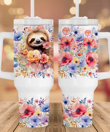 Cute Sloth Floral Custom Stanley Quencher 40Oz Stainless Steel Tumbler With Handle