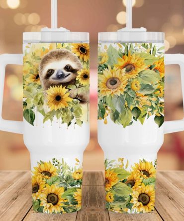 Cute Sloth Sunflowers Custom Stanley Quencher 40Oz Stainless Steel Tumbler With Handle