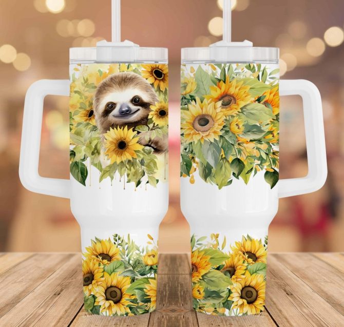 Cute Sloth Sunflowers Custom Stanley Quencher 40Oz Stainless Steel Tumbler With Handle