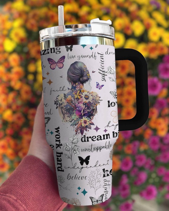 Daily Affirmations Floral Butterfly Custom Stanley Quencher 40Oz Stainless Steel - Image 2