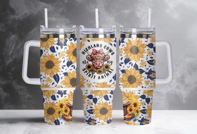 Dairy Cow With Sunflowers Custom Stanley Quencher 40Oz Stainless Steel Tumbler With Handle