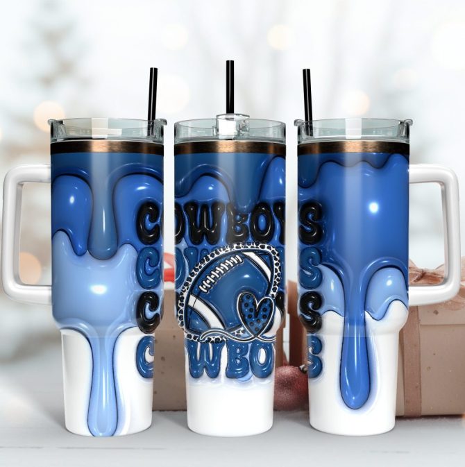 Dallas Cowboys Nfl 3D Inflated Puff Effect Custom Stanley Quencher 40Oz Stainless Steel Tumbler With Handle