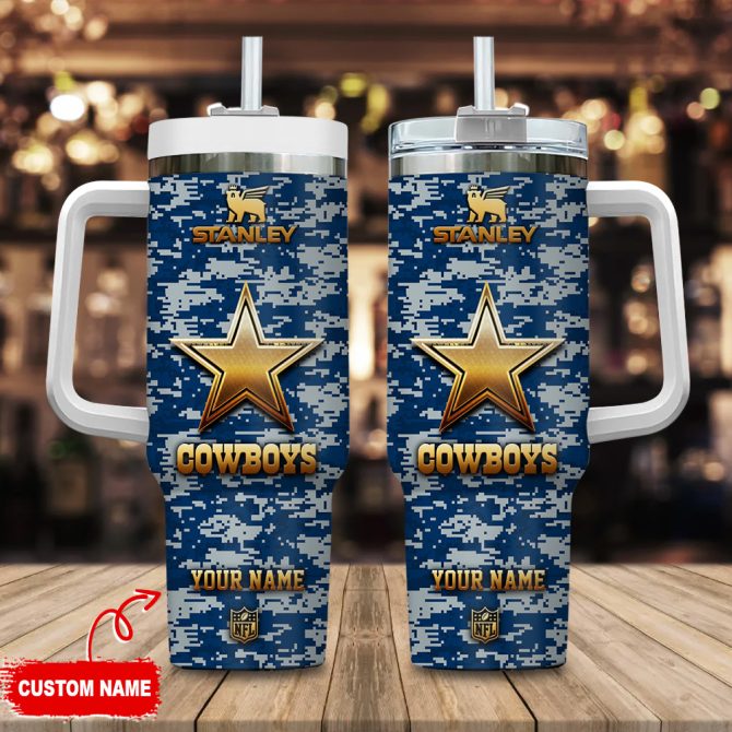 Dallas Cowboys Nfl Camouflage Golden Logo Custom Stanley Quencher 40Oz Stainless Steel Tumbler With Handle