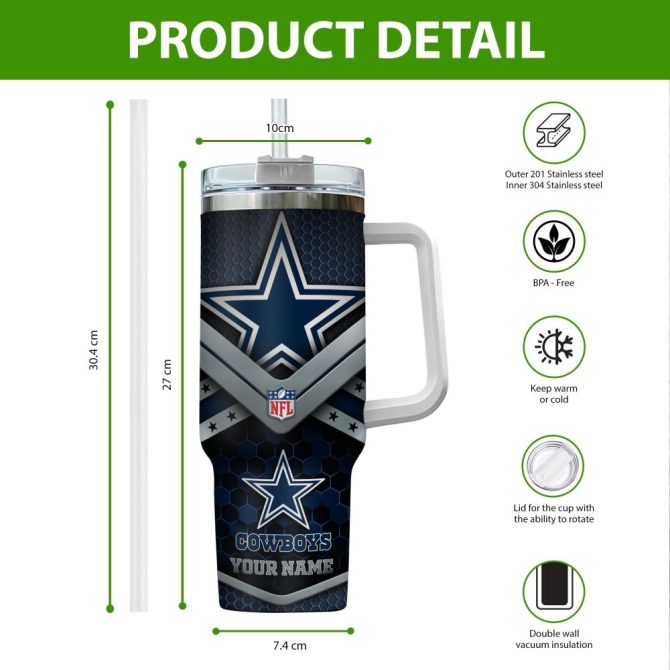 Dallas Cowboys Nfl Custom Stanley Quencher 40Oz Stainless Steel Tumbler With Handle - Image 2