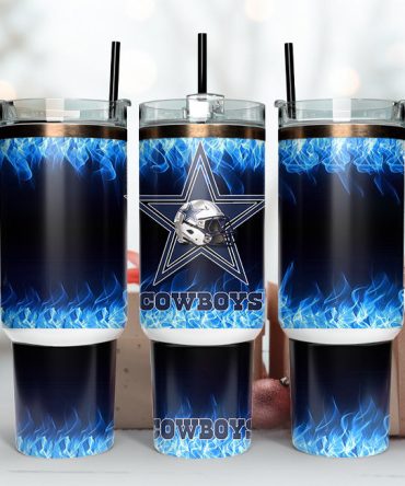 Dallas Cowboys Nfl Fire Effect Custom Stanley Quencher 40Oz Stainless Steel Tumbler With Handle