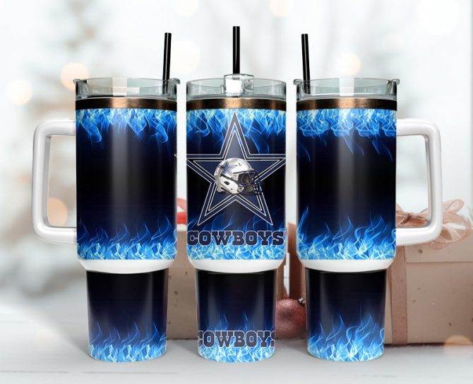 Dallas Cowboys Nfl Fire Effect Custom Stanley Quencher 40Oz Stainless Steel Tumbler With Handle