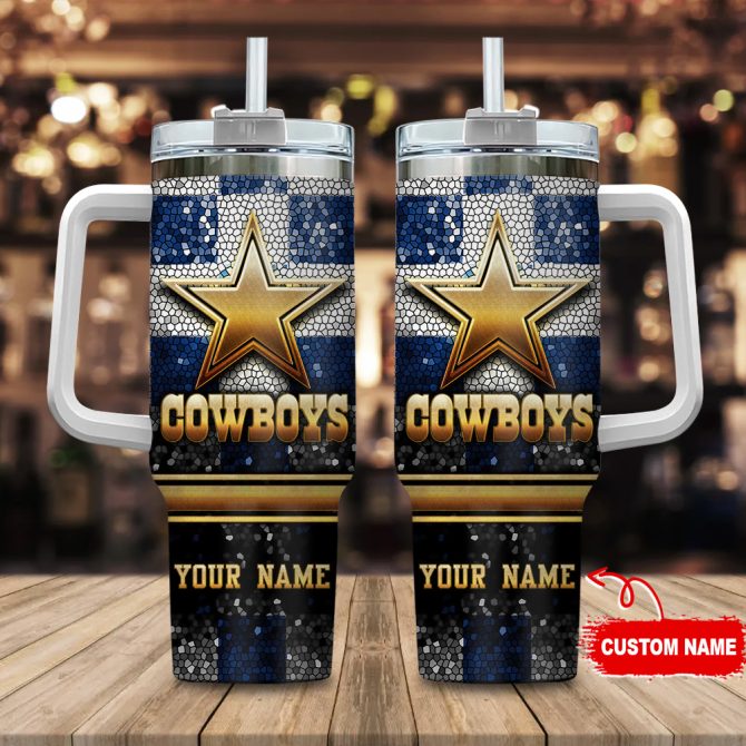 Dallas Cowboys Nfl Glitter Golden Logo Custom Stanley Quencher 40Oz Stainless Steel Tumbler With Handle