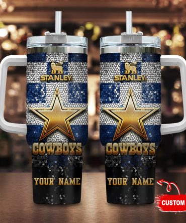 Dallas Cowboys Nfl Glitter Golden Logo Custom Stanley Quencher 40Oz Stainless Steel Tumbler With Handle