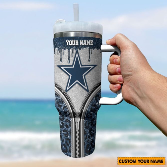 Dallas Cowboys Nfl Glitter Leopard Print Custom Stanley Quencher 40Oz Stainless Steel Tumbler With Handle - Image 2