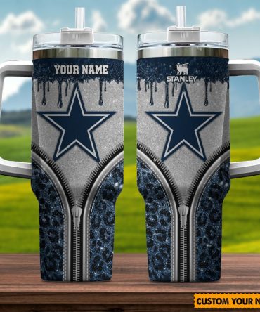 Dallas Cowboys Nfl Glitter Leopard Print Custom Stanley Quencher 40Oz Stainless Steel Tumbler With Handle