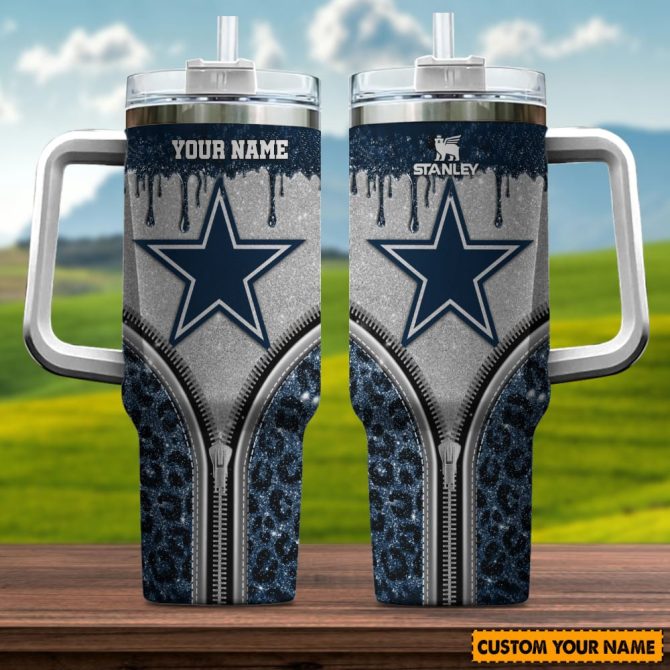 Dallas Cowboys Nfl Glitter Leopard Print Custom Stanley Quencher 40Oz Stainless Steel Tumbler With Handle