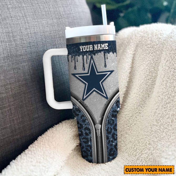 Dallas Cowboys Nfl Glitter Leopard Print Custom Stanley Quencher 40Oz Stainless Steel Tumbler With Handle - Image 3