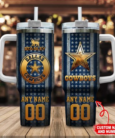 Dallas Cowboys Nfl Golden Logos Us Flag Custom Stanley Quencher 40Oz Stainless Steel Tumbler With Handle