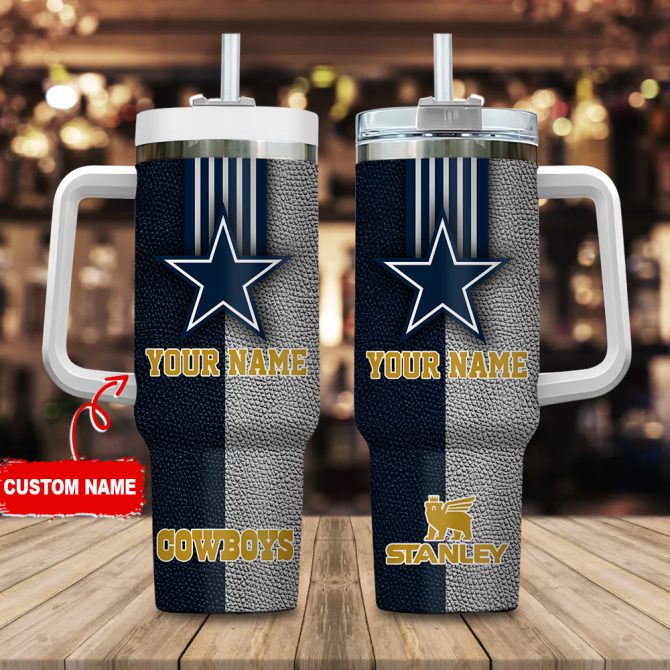 Dallas Cowboys Nfl Leather Effect Custom Stanley Quencher 40Oz Stainless Steel Tumbler With Handle