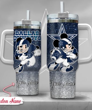 Dallas Cowboys Nfl Mickey Mouse Glitter Custom Stanley Quencher 40Oz Stainless Steel Tumbler With Handle