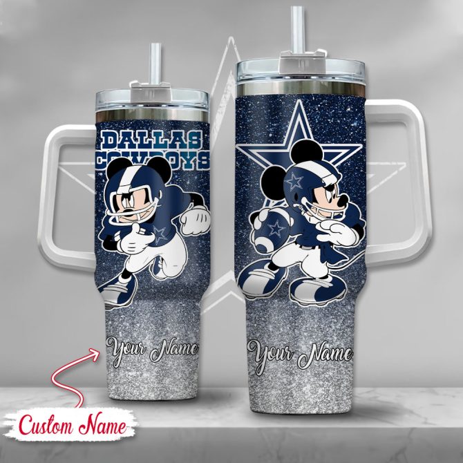 Dallas Cowboys Nfl Mickey Mouse Glitter Custom Stanley Quencher 40Oz Stainless Steel Tumbler With Handle